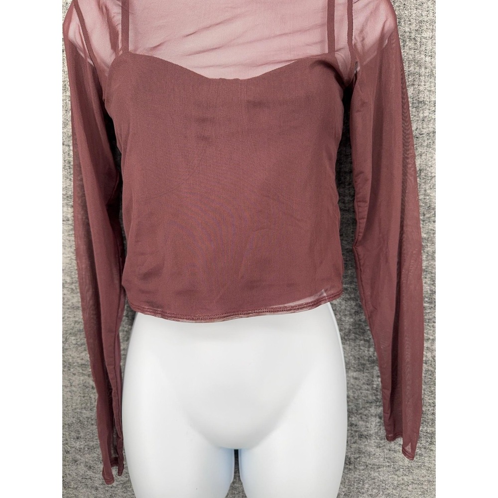 Abercrombie & Fitch Blouse Womens M Purple Sheer Mesh Boat Neck Cropped Top - Picture 4 of 7